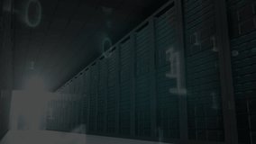 Starting view, server racks showing floating binary code and rotating radar HUD mapping global flow. Technology, data, cybersecurity, digital, network, innovation, analytics - Powered by Shutterstock - Get 15% off with code: PIKWIZARD15