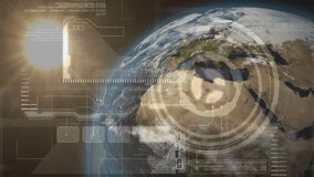 Sunlight hitting Earth as planet rotating, 3D HUD overlays pulsing and scanning for diagnostics. Futuristic, technology, data visualization, space, digital interface, science, innovation - Powered by Shutterstock - Get 15% off with code: PIKWIZARD15