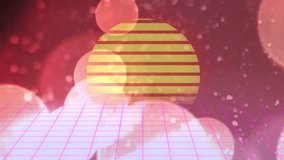 Grid glowing starting rising golden sun pulsing behind clouds drifting orbs creating retro glow. Futuristic, abstract, neon, cosmic, vibrant, digital, dreamy - Powered by Shutterstock - Get 15% off with code: PIKWIZARD15