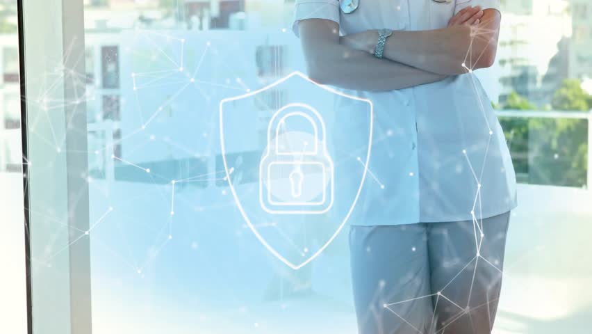 Doctor standing in medical office when fading shield lock overlay network nodes pulsing trust. Healthcare, cybersecurity, technology, professionalism, trust, innovation, digital - Powered by Shutterstock - Get 15% off with code: PIKWIZARD15