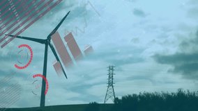 Gusty wind spinning turbine with red charts sliding in showing power output sliding out. Renewable, sustainability, energy, analysis, digital, technology, environmental - Powered by Shutterstock - Get 15% off with code: PIKWIZARD15