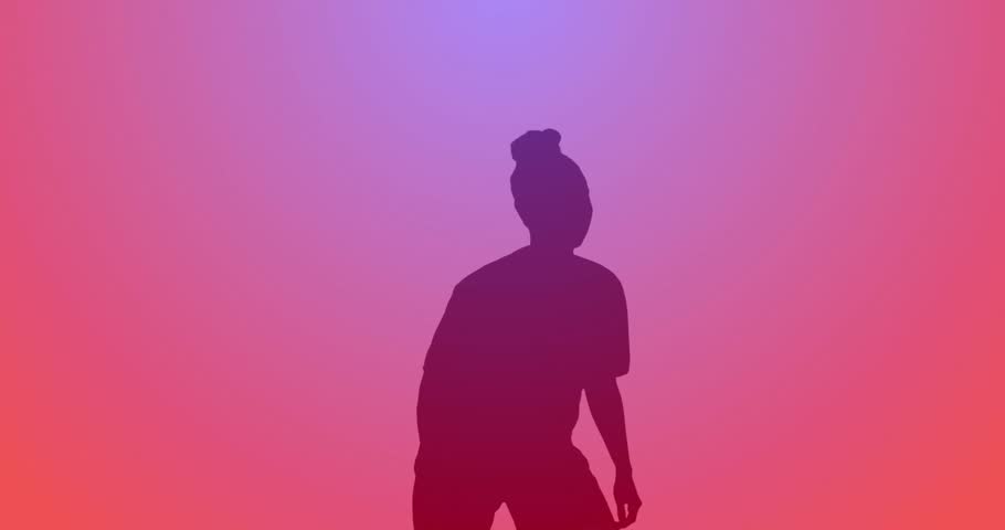 silhouette woman catching soccer ball balancing as social media subscriber count rising on gradient. Silhouette, athletic, minimalism, digital, entertainment, modern, dynamic