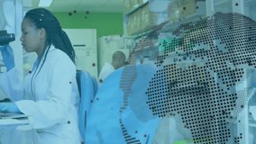 Female researcher sliding slide under microscope and typing notes while data overlay scrolling code. Microscope, laboratory, research, data analysis, science, instrumentation, collaboration - Powered by Shutterstock - Get 15% off with code: PIKWIZARD15