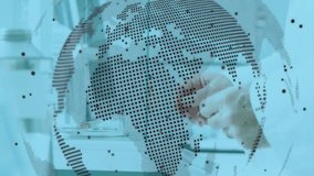 Dotted globe overlay appearing, lab scientist clamping microchip, calibrating under code overlays. Technology, innovation, precision, research, engineering, science, futuristic - Powered by Shutterstock - Get 15% off with code: PIKWIZARD15