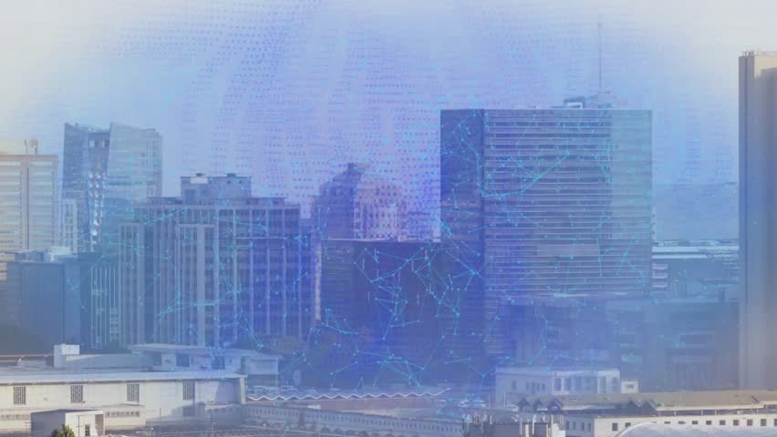 Binary code streaming over skyline glitching digital chain into shield padlock securing network. Cybersecurity, data protection, digital security, technology, urban, modern, innovation - Powered by Shutterstock - Get 15% off with code: PIKWIZARD15