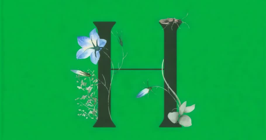 H glowing with botanical vine, glitch fading on transparent bg, insect perching revealing logo. Alphabet, emblem, digital art, nature-inspired, logo design, surreal, minimalist