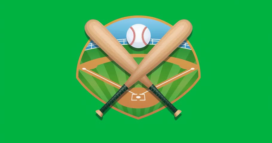 Opening fading bats and ball emblem, descending ball and pulsing glow completing on transparent bg. Heraldic, emblem, insignia, minimalistic, digital, sports, dynamic