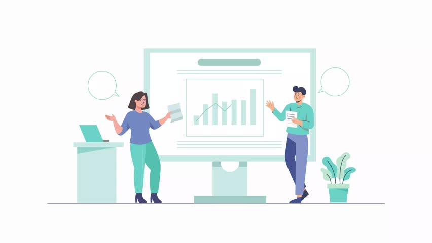 2D animation vector of a young man and woman in an office environment analyzing data and charts on a graphical presentation. Perfect for business, teamwork, finance, and corporate concepts. - Powered by Shutterstock - Get 15% off with code: PIKWIZARD15