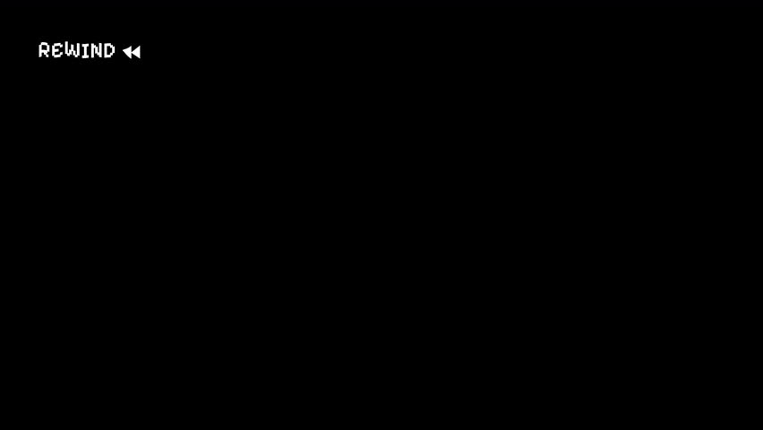 Rewind overlay with glitching static lines on black screen for video editing, motion graphics, and retrothemed projects. Suitable for dramatic effects. Alpha Channel 4K