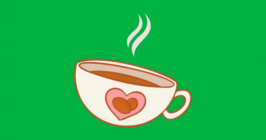 Steam emerging from flat design coffee cup with heart-bean emblem while glow flickering for warmth. Coffee, beverage, minimalism, illustration, comfort, relaxation, warmth