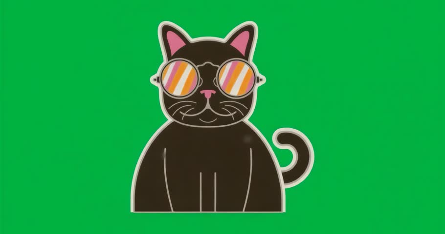 Popping into view black cat with orange sunglasses, transparent backdrop shifting showing texture. Quirky, whimsical, modern, digital, playful, graphic, character