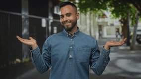 Man smiling, palms up, denim shirt, hands visible on a city street lined with trees and buildings, outdoors midday; casual confidence. - Powered by Shutterstock - Get 15% off with code: PIKWIZARD15