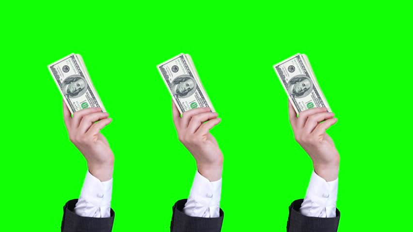money, cash. Gif animation. close-up. male hands, in business suits, hold hundred dollar bills bundles, wave them. isolated on green background. looping seamless pattern. animation 4k