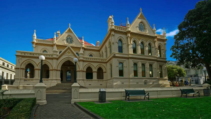 Wellington New Zealand The  New Zealand Parliamentary Library. View of front and left side. Completed 1899. Oldest building in parliamentary complex. Gothic revival style. The capital of New Zealand i