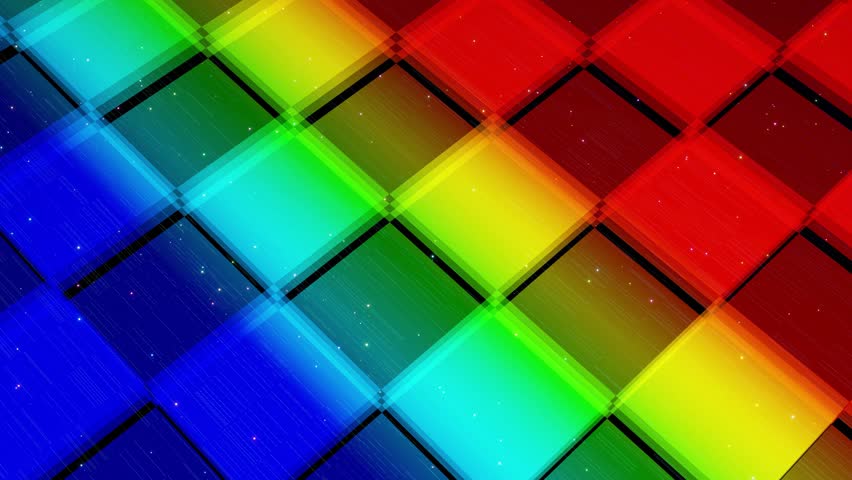 Vj abstract sci fi futuristic bg. Fly over 3d multilayer hologram complex pattern Rectangles. Neon light rainbow color gradient. Isometric view. Simple shapes periodic pattern. Like on conveyor belt.