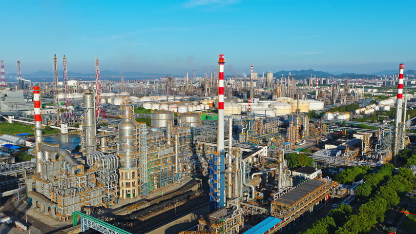 Aerial shot of a large oil refinery and chemical plant with pipelines equipment in industrial zone