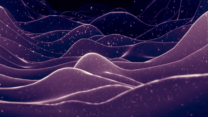 Abstract geometric surface like landscape or terrain, extrude or displace 3d noise. Loop 4k. Abstract waves of soft black matte material with light inner glow and glitters on morphing. 3D Illustration
