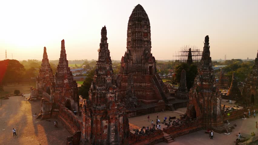 Aerial view of ancient ruins of the wat chaiwatthanaram temple in Ayutthaya historical park, Thailand. Unesco world heritage site.