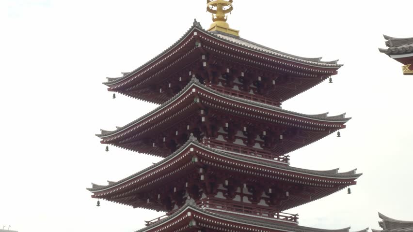 Five-storied Pagoda Adorned With A Golden Finial (Sorin) At Senso-ji Temple In Asakusa, Tokyo, Japan. Tilt-up Shot