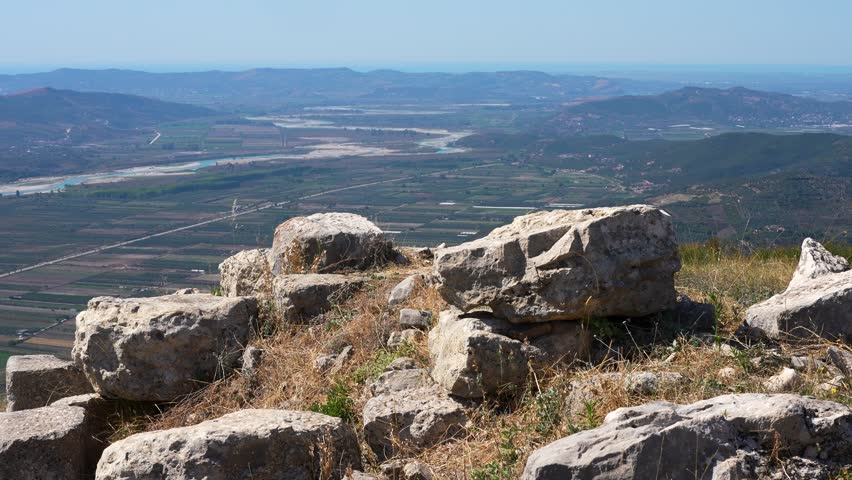 Vjosa River Valley Seen from Bylis Ancient City Stone Walls Over the Hill, Ancient History Preserved