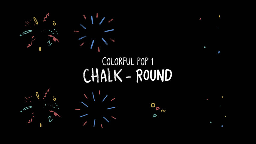 Colorful pop effect 01, hand-drawn chalk and round brush animation, playful burst and confetti click FX, multicolor pop motion graphic element, transparent background, alpha channel