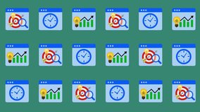 Seamless pattern of digital business, analytics, and time management icons in a cartoon animation. Repeating wallpaper for online strategy. Animated data analysis and productivity background design. - Powered by Shutterstock - Get 15% off with code: PIKWIZARD15