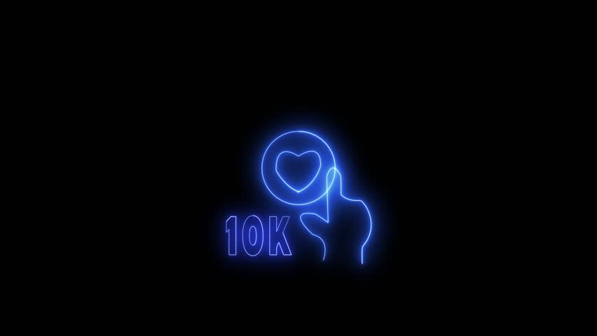 Abstract Blue Purple Neon Letter Icon.realistic isolated bright neon text of 1k to 100k on the black background. letter icon illustraion. thumb up symbol and number 1K to 100k on counter.