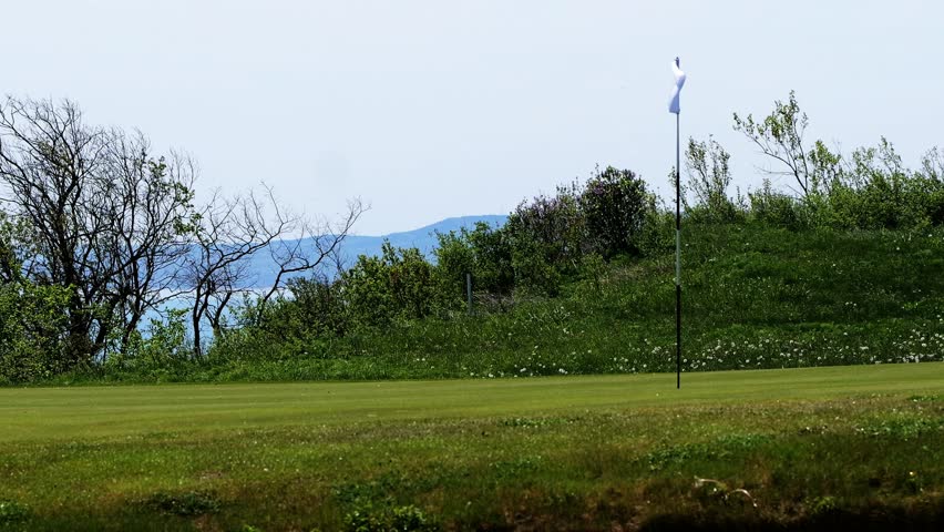 A white flag flutters in the wind on a golf course near the sea, showing the green field and coastal background.
