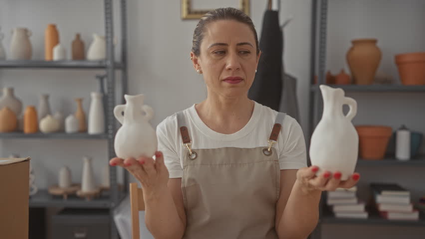 Woman examines smooth white ceramic vase in bright studio lined with terracotta pots on metal shelves; contemplation.