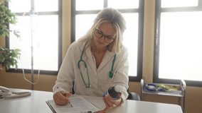 Woman doctor reviews medication bottle while writing notes in a sunlit clinic room suggesting a professional medical workplace setting. - Powered by Shutterstock - Get 15% off with code: PIKWIZARD15