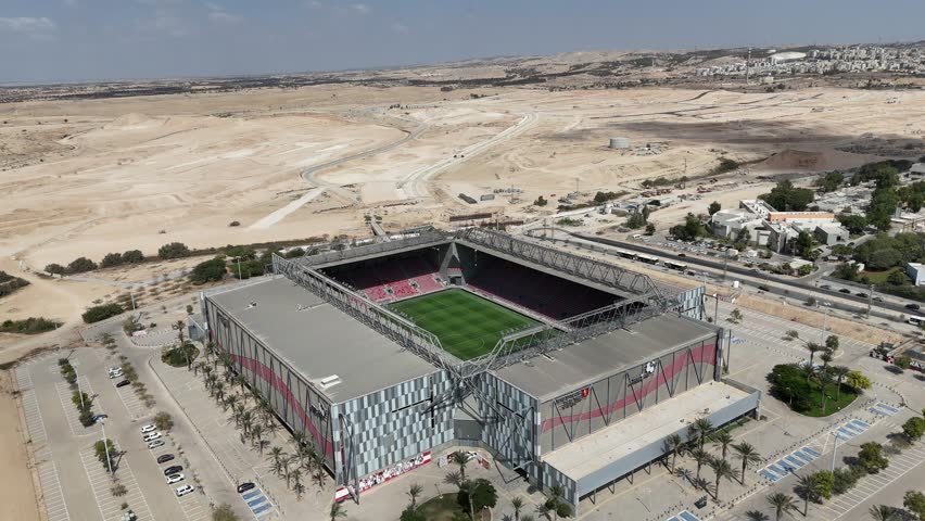 Aerial drone footage of Turner Stadium in Beer Sheva, Israel