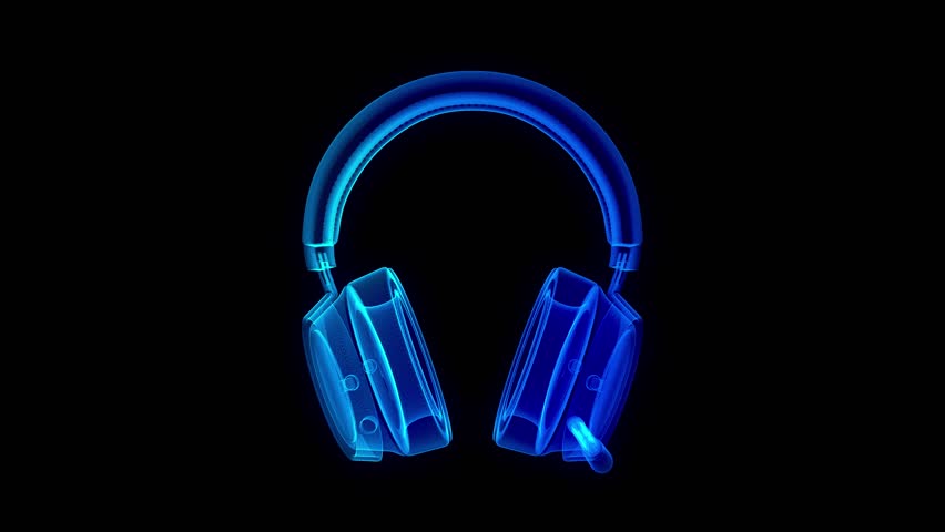 Headphones slowly rotating on black background. Blue particle and lines form 3d model Headphones.