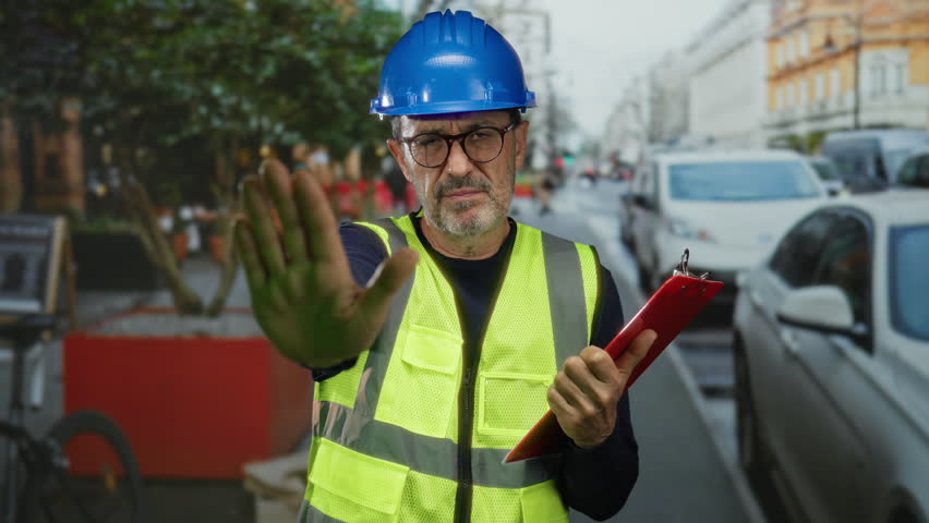 Man wearing glasses and a blue helmet holds a clipboard in a bustling urban street while gesturing to signal stop on a busy day.