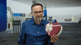 Mature hispanic man in blue shirt holding heart-shaped gift box at petrol station with contemplative expression. - Powered by Shutterstock - Get 15% off with code: PIKWIZARD15