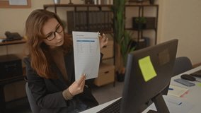 Woman in office holding document during videoconference, engaging professionally with colleagues through computer, showcasing business details in modern workplace setting. - Powered by Shutterstock - Get 15% off with code: PIKWIZARD15