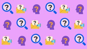 Seamless pattern of inquiry, problem solving, and communication icons in a cartoon animation. Repeating wallpaper with question mark, head, and email query symbols. Customer support tile background. - Powered by Shutterstock - Get 15% off with code: PIKWIZARD15