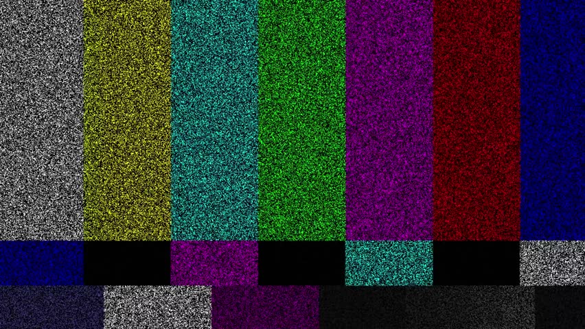 Animated TV test screen with dynamic noise and flickering color bars. Video in the style of TV color bars with digital glitch.