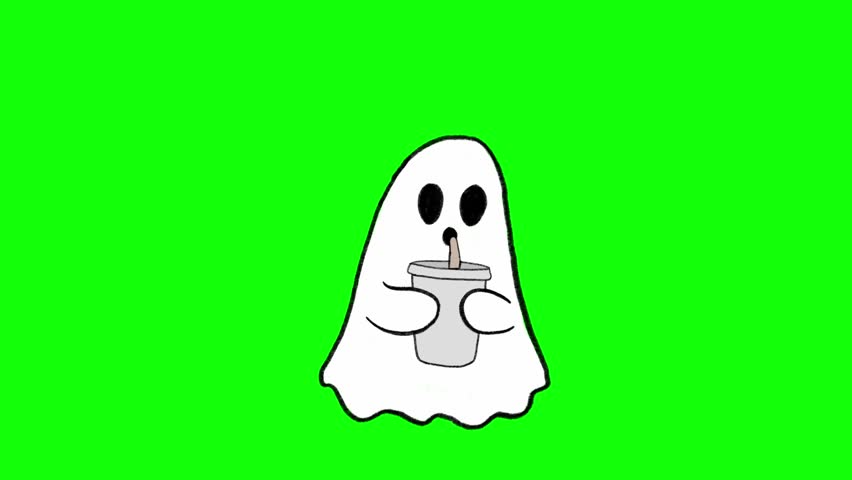 Tired Ghost Drinking Coffee Hand-Drawn Animation on Green Screen