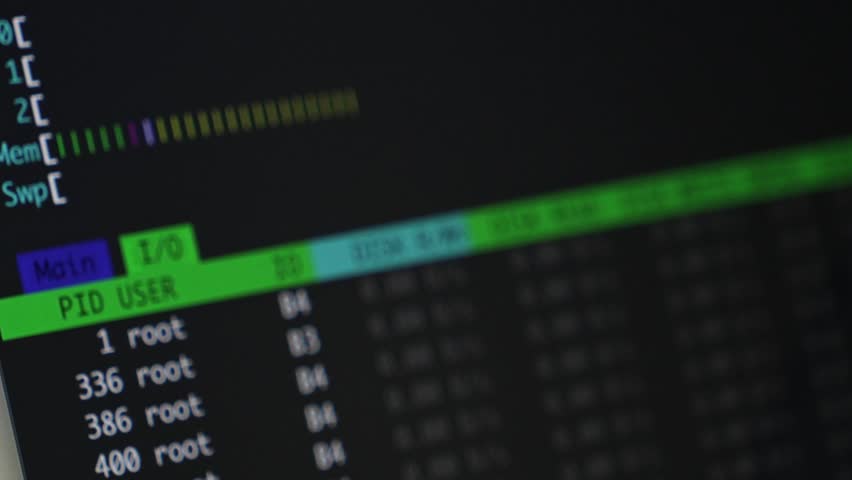Close-up of a dark monitor showing kernel-level system statistics, including memory, swap, and disk readwrite speeds, useful for debugging and server optimization - Powered by Shutterstock - Get 15% off with code: PIKWIZARD15