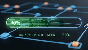 A futuristic digital interface displays a progress bar indicating data encryption at 17% and 51%. The progress bar is filled with glowing green binary code, while the background shows a schematic - Powered by Shutterstock - Get 15% off with code: PIKWIZARD15