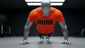 Faceless 3D fitness trainer in an orange shirt holding dumbbells while walking, ideal for strength training, gym, and fitness content. - Powered by Shutterstock - Get 15% off with code: PIKWIZARD15