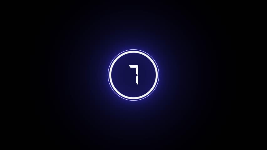 7 Second Countdown Animation from 7 to 0. Neon Circle Timer on Black Background in 4K Video
