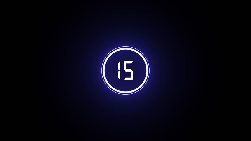 15 second countdown timer icon animation. countdown animation from 15 to 0 Modern flat design with glowing neon circle timer on Black Background.