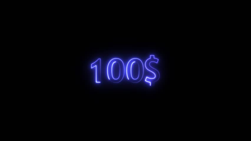 A striking neon animation showcasing the number "$100" glowing vibrantly with bright neon colors against a balck background. The animation emphasizes the dollar amount with dynamic light effects