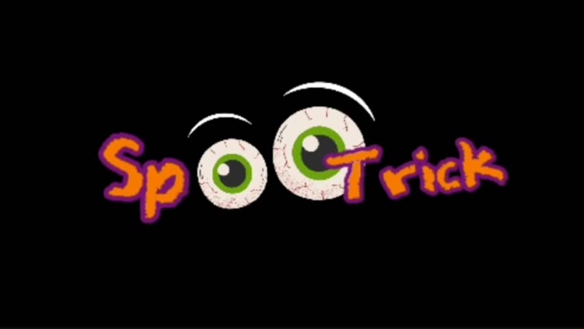 Spo Trick animated Halloween text with cartoon eyeballs and spooky vibe available on white black and green backgrounds