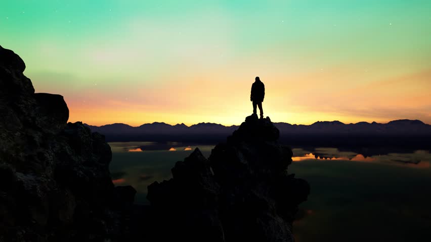 Silhouette of a Person on a Cliff Edge Overlooking a Majestic Sunset. 3D Rendering of Adventure.
