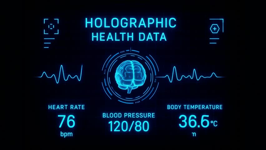 Futuristic holographic HUD displaying human health data, biometrics, and analytics, symbolizing advanced digital healthcare, diagnostics, and medical innovation.