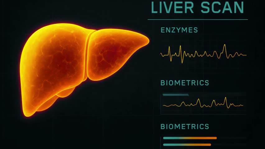 Futuristic liver health scan HUD monitor showing digital organ diagnostics, medical data, and holographic interface for advanced healthcare and biotechnology visuals. - Powered by Shutterstock - Get 15% off with code: PIKWIZARD15