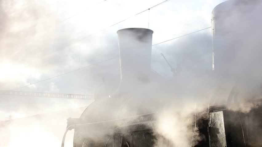 Steam Train in Operation: A historic steam train billows thick clouds of steam as it journeys through a countryside. The powerful engine symbolizes a bygone era of travel and industry.