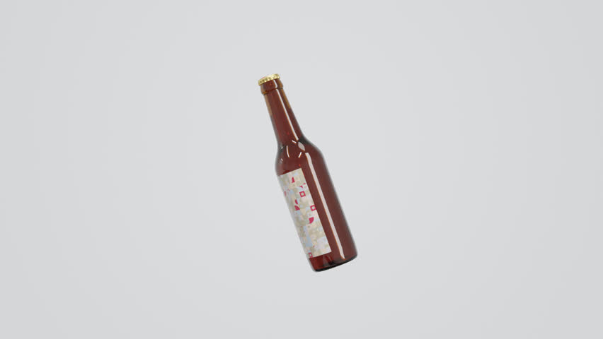 3D abstract background showing a brown glass beverage bottle rotating on white surface with geometric label pattern and soft light reflections, modern minimal product visual